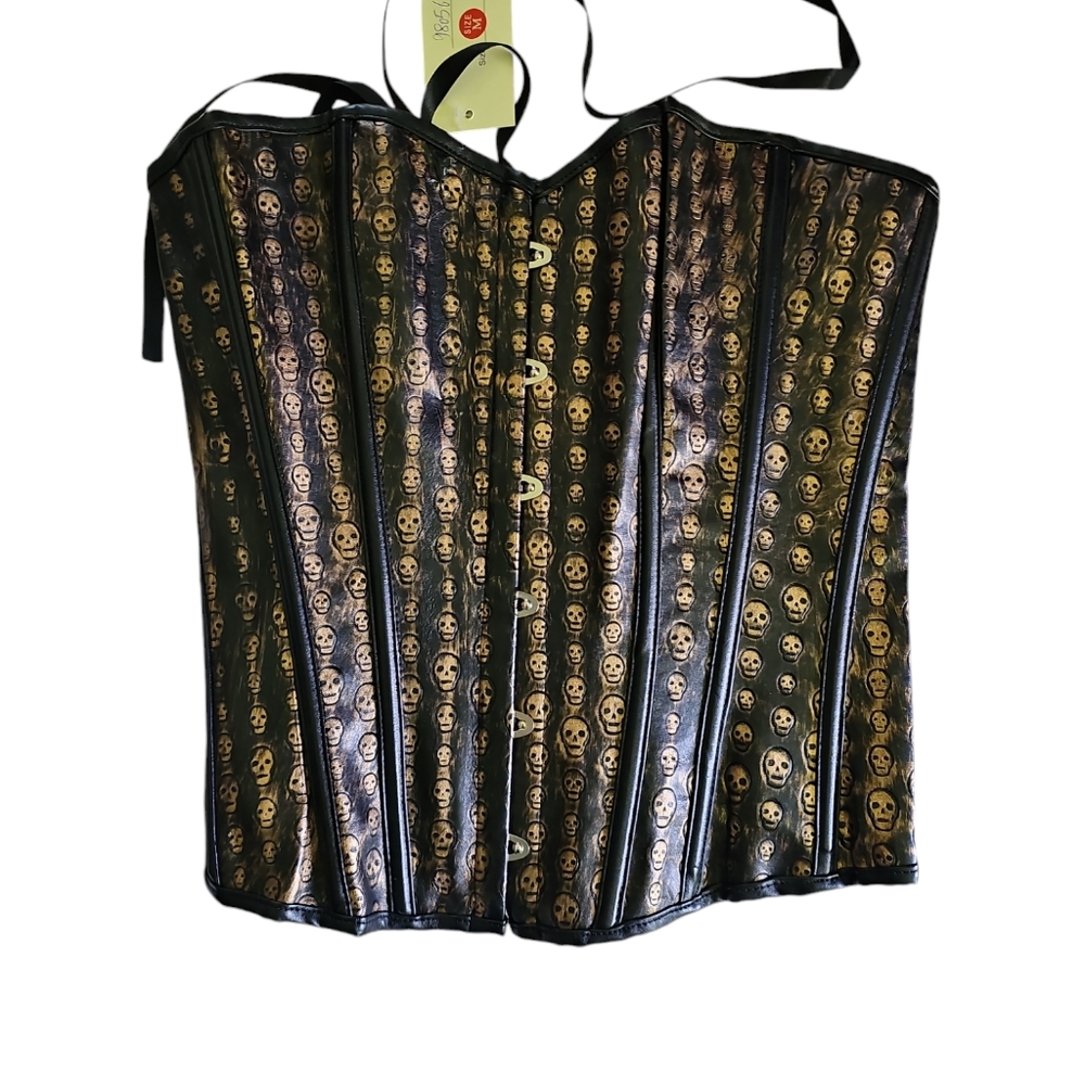 Black pleather corset w/ gold skull detail